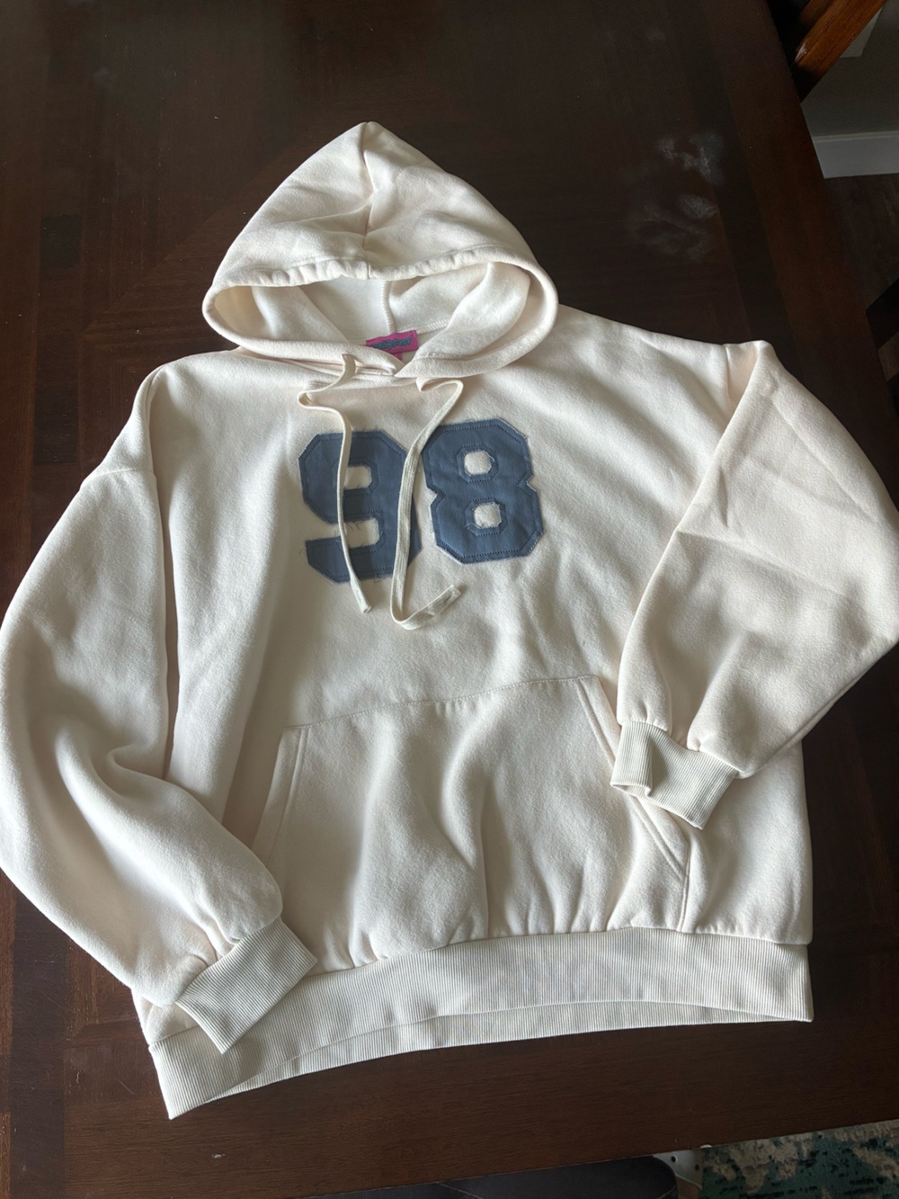 Edikted S Cream Hoodie with Blue 98 logo Drawstring sweatshirt Womens
